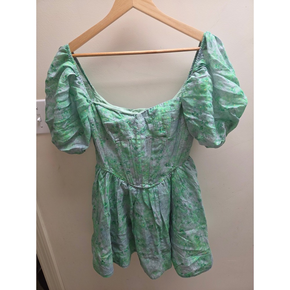 Bardot Green Floral Ramie Corset Puff Sleeve Mini Dress Size US 4 57628DB